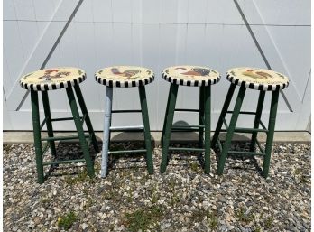 Set Of 4 Whimsical Painted Rooster Motif Kitchen Stools