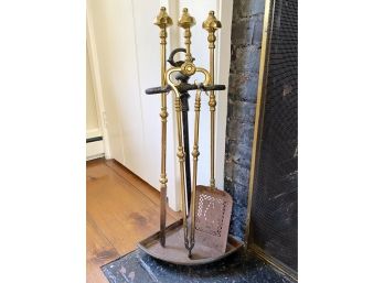 Victorian Era Brass Fire Tools And Forged Iron Stand