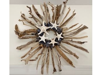 Natural Driftwood Sunburst Wreath With Applied Starfish And Mussel Shells