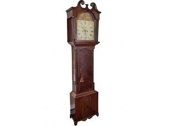 Antique Solid Hardwood English Long Case Grandfather Clock With Weighted Pendulum And Fox Hunt Scene Motif