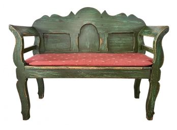 Early 1900's Swedish Painted Wooden Bench With Custom Rooster Fabric Cushion