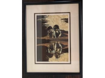 Signed And Numbered Woodblock Print Of 2 Boys By Pond