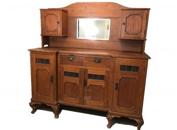 19C Oak Mirrored Sideboard With Green Glass Details