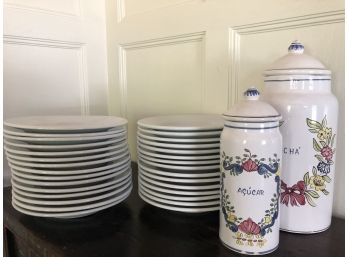 30 - 9.5' White Dinner Plates And Portuguese Ceramic Canisters