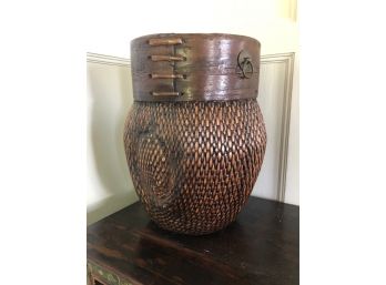 15'H Woven Basket Container With Wood Rim - Antique