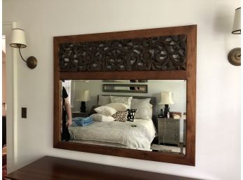 Large Teak Mirror With Natural Hand Carved Header