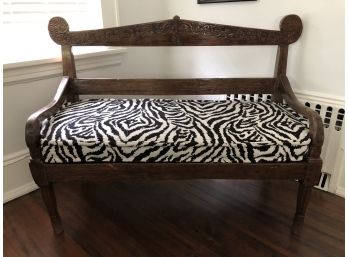 Carved Teak Bench With Upholstered Fitted Seat Cushion