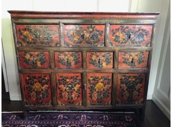 Deep Red Floral Antique Tibetan Chest 53'x 14' X 43'