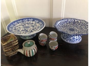 Collection Of Asian Table Top Items - Incl Blue And White Raised Platters