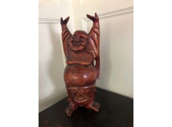 Laughing Buddha With Hands Raised Overhead - Carved Wood 14'H