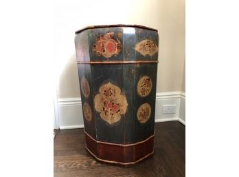 Antique Octogon Painted Bamboo Rice Container With Lid