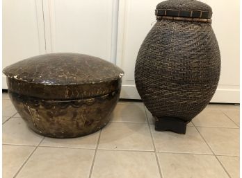 A Paper-Mache Lacquered Round Box And Tall Lidded Woven Basket