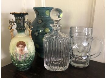 Glass Decanter, Austrian Vase And Modern Pottery Barn Vase