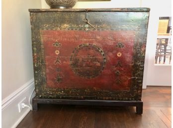 An Antique Tibetan Painted Chest With Center Medalion Design