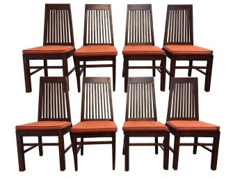 Set Of 8 Teak Dining Chairs From Indonesia With Orange Seat Cushions.