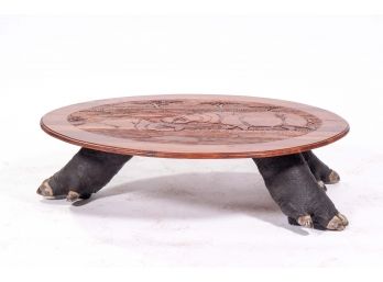 Signed African Hardwood Low Table With Hippopotamus Feet