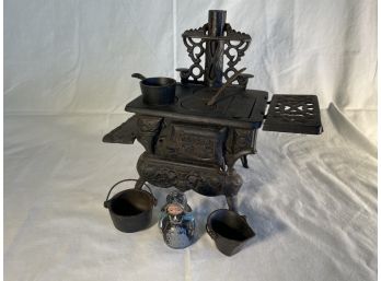 Antique Crescent Cast Iron Mini Stove With Accessories