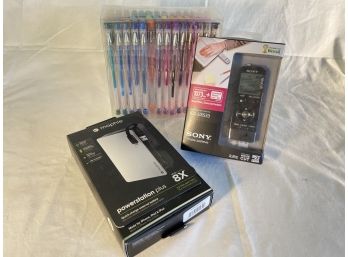 Mom's Desk Drawer Lot! Phone Charging Brink, Digital Recorder And Colorful Pen Lot