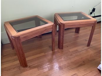 Pair Of Hardwood Night Stand Tables With Glass Tops