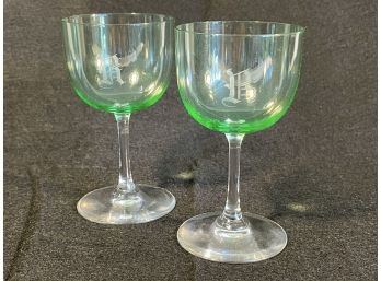 Pair Of Vintage Depression Cordial Wine Glasses - Monogramed 'R'