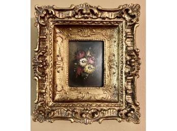 Miniature Floral Oil In Antique Ornate Glided Gesso Elaborate Frame