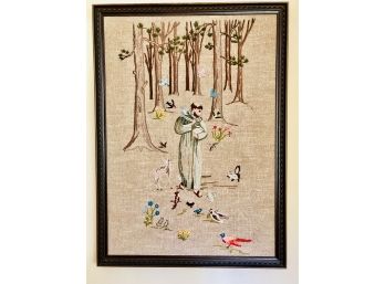 Beautifully Done St. Francis Needlepoint On Burlap-wood Frame