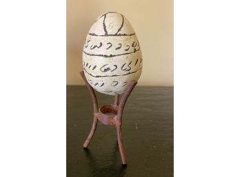 Odd Carved Stone Egg With Metal Stand