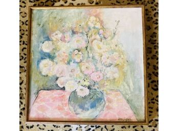 Original Oil On Canvas - Pink Flowers In A Vase - Signature Illegible