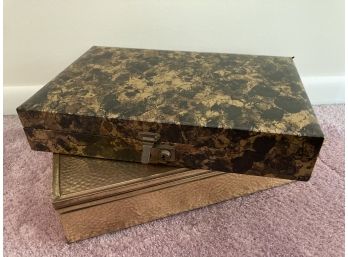 Brass Keepsake Box And Vintage Black And Gold Vinyl Jewelry Box With Dividers