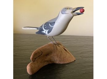 Carved Wooden Mockingbird, Signed John Day, 1982, On Driftwood Base