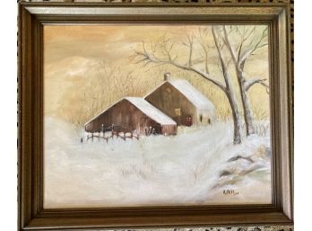 R. Peti 1972 Framed Original Oil Barn In Winter