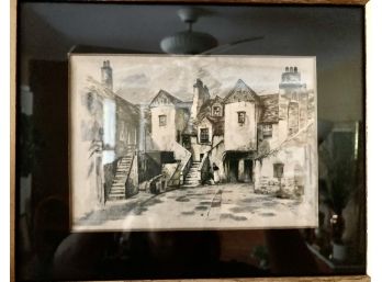 European Village Print In Fruitwood Frame Not Able To Read Signature