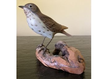 Carved Hermit Thrush On Driftwood Base