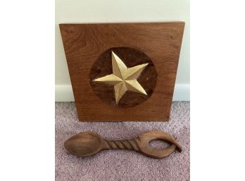 Wood Carving With Gold Star Signed By Artist And Hand Carved Wooden Spoon