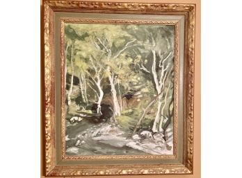 Unsigned Oil On Canvas White Birch / River Scene