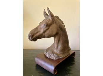 Horse Head Scuplture On Wooden Stand, Signed MAM