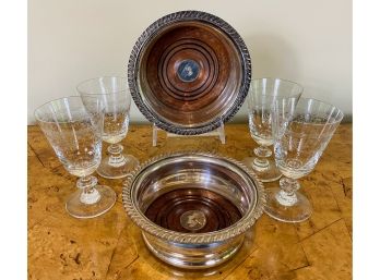 Set Of 4 Etched Cordial Glasses And Pair Of Silver On Copper Wine Coasters