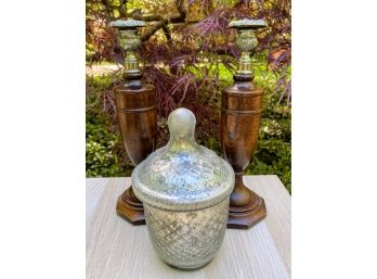 Wood Candlesticks And Acorn Jar