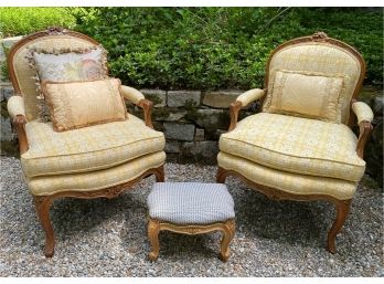 Pair Of Down Filled French Country Accent Chairs And Foot Stool