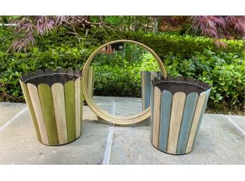 Mirrored Tray And Pair Of Decorative Wastebaskets