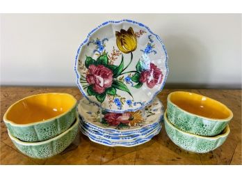 Set Of 4 Italian Hand Painted Dishes With 4 Melon Bowls