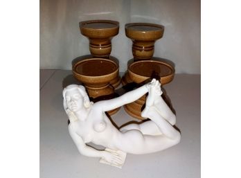 2 Pair Of Pillar Candle Holders & A Composition Nude