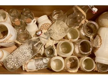 Box Lot Of Boho Painted & Decorated Mason Jars & Bottles