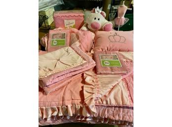 Pink Bedding Lot - Circo & Jumping Beans, Pig Stuffie, Crown Pillow