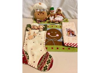 Gingerbread Man Lot - Placemats, Stocking, Dolls, Towel