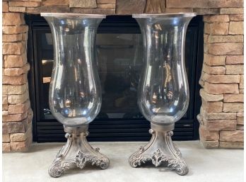 Monumental Glass Hurricanes On Metal Stands (Pair)