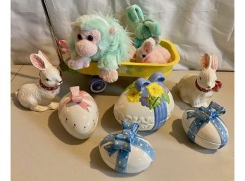 Easter Decor Lot Inc. Yellow Wagon, Pottery Bunnies & Eggs