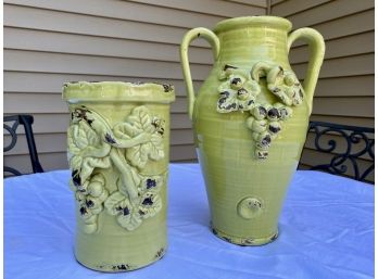 Green Glazed Pottery Vases With Grapes In Relief