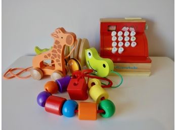 Wooden Toy Lot - Cash Register, Giraffe, Alligator, Beads