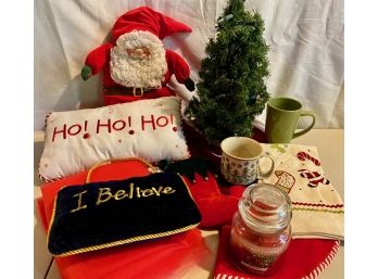 Christmas Misc Lot With Mini-Tree & Ho-Ho-Ho Pillow